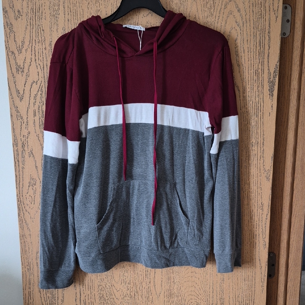 Women's Burgundy and Gray Colorblock Hoodie Sweater